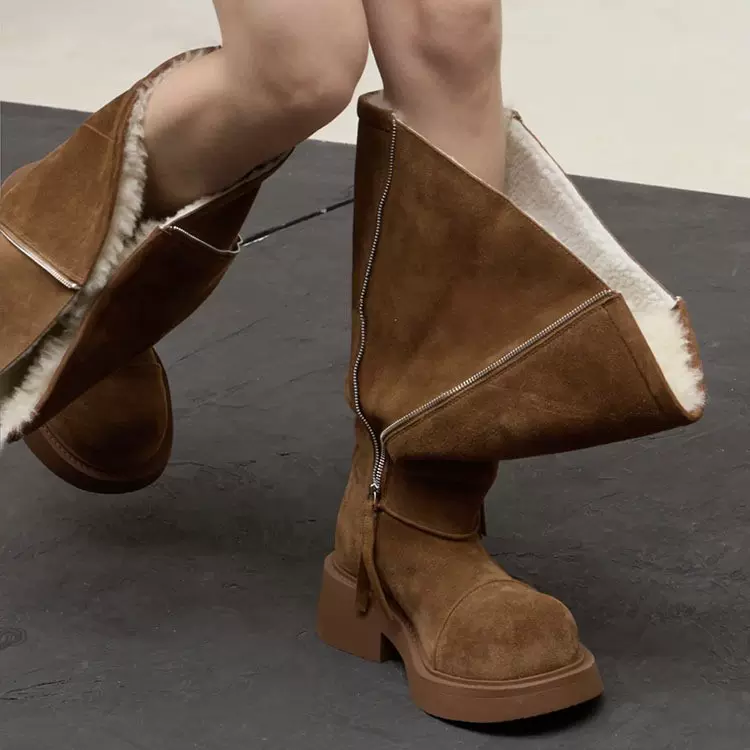 欧美复古美拉德大筒围长筒雪地靴女2025秋冬季新款加绒保暖堆堆靴