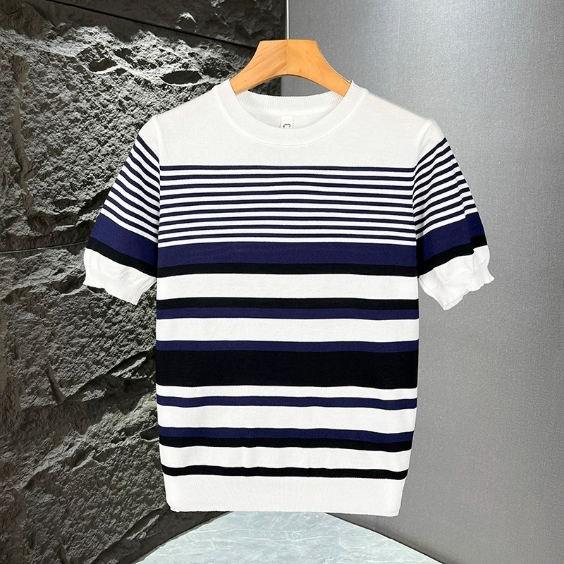Herren-Strickpullover mit schmaler Passform, Streifenmuster, kurzen Ärmeln und Rundhalsausschnitt im britischen Business-Stil – cooles und elegantes Color-Blocking-T-Shirt für den Sommer_voghion.com