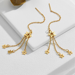 Japanese and Korean style star earrings long tassel earrings stars all over the sky titanium steel plated 18K gold trendy ear wire all-match