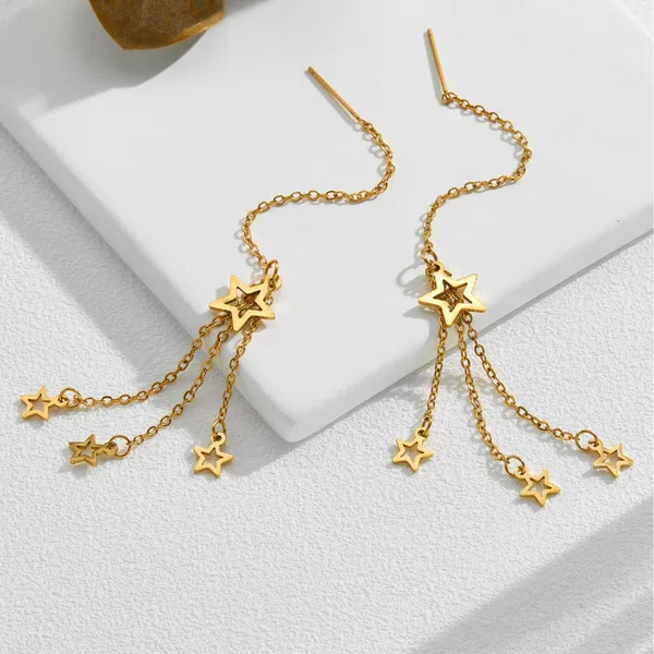 Japanese and Korean style star earrings long tassel earrings stars all over the sky titanium steel plated 18K gold trendy ear wire all-match
