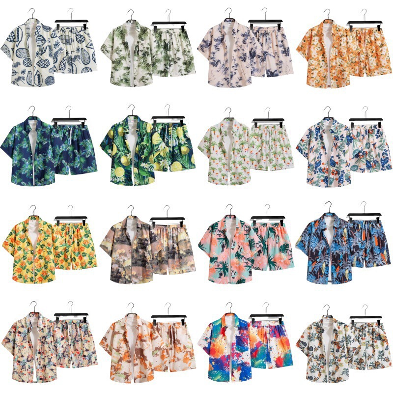 Summer Beach Vacation Style Floral Shirt Suit Hainan Sanya Island Suit Short-Sleeved + Shorts 4XL Size Male and Female Couple Wear