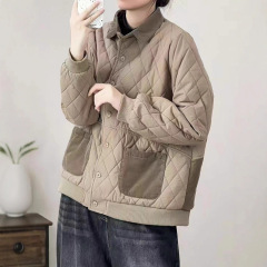 古咖服饰秋冬复古拼色菱格棉衣外套女大口带撞色夹棉加厚棉服上衣
