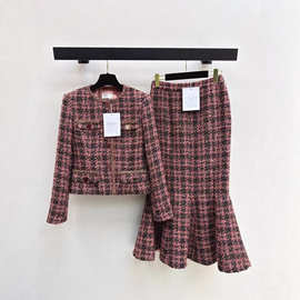 深圳南油26早春款名媛小香风格纹编织粗花呢外套包臀鱼尾半裙套装