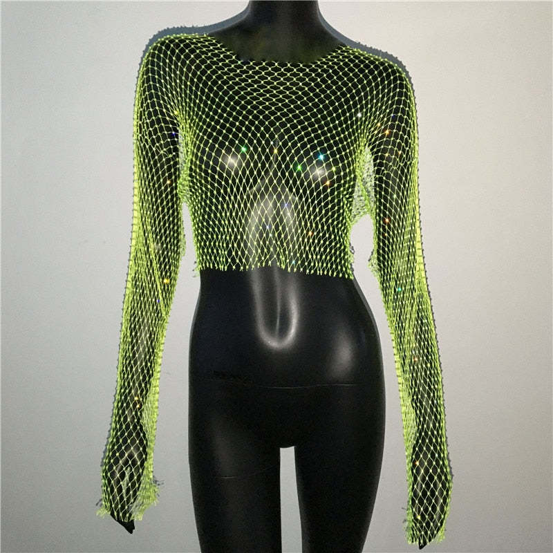 De Europa y América transfronteriza de las mujeres calientes de malla de diamantes de imitación red de pesca de manga larga Sexy Slim rhinestone Top party chica caliente de manga larga