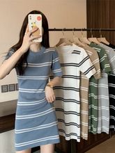 百搭条纹短袖圆领针织连衣裙女早秋新款显瘦修身清新甜美中长裙子