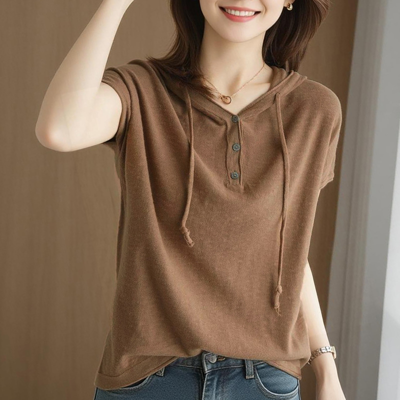 Summer Thin New Cotton and Linen Large Size Knitted Sweater Hooded Women's Korean Style Loose V-neck T-shirt Inner Base Shirt