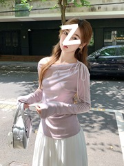 2025韩系穿搭一字领系带露肩长袖t恤女早秋褶皱收腰显瘦感小上衣