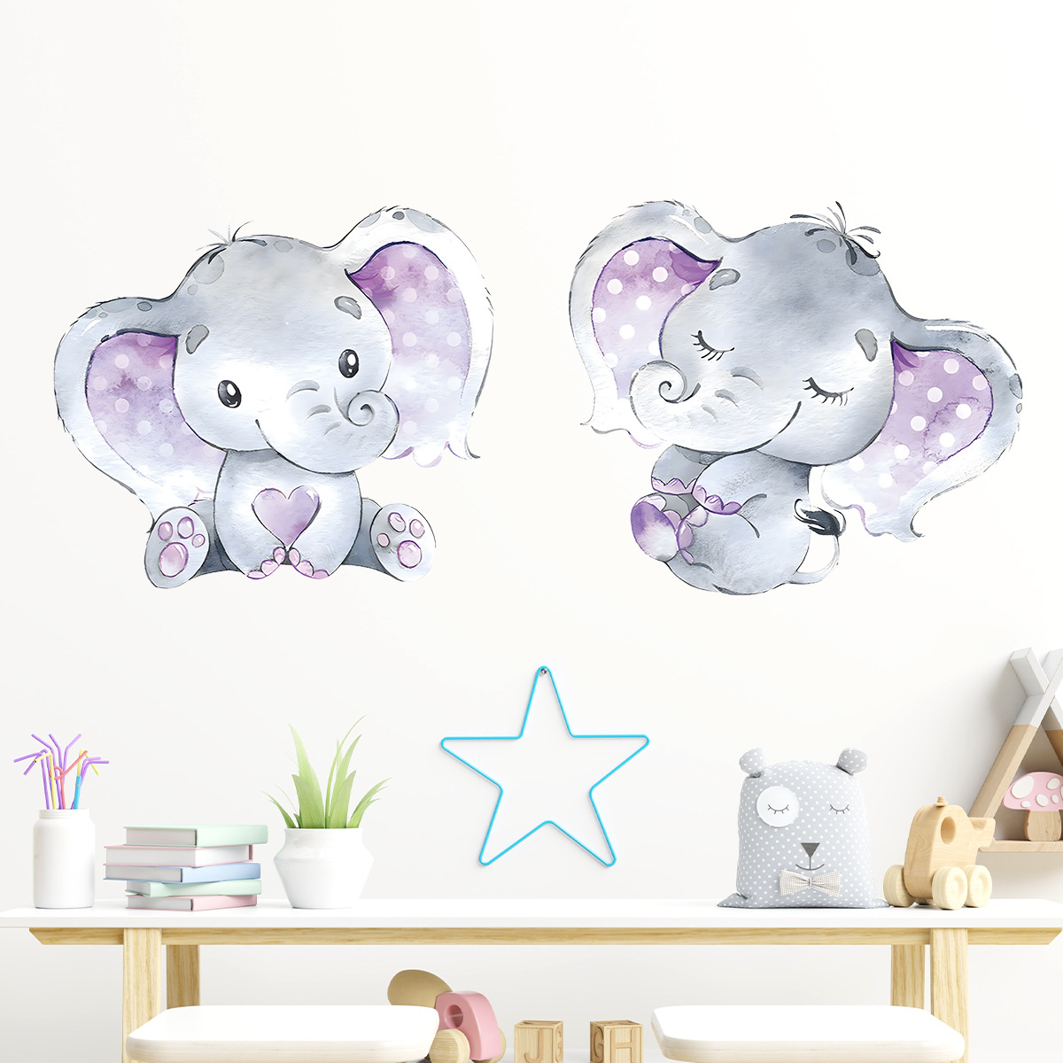 可爱大象宝宝自粘墙贴卡通紫色客厅儿童房间家居装饰贴纸BR0212H