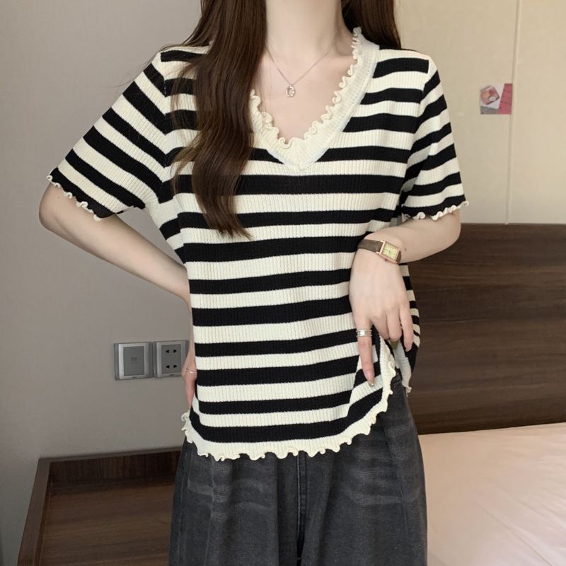 300斤大码女装边条纹V领短袖T恤夏季胖m遮肚显瘦百搭洋气上衣跨境|undefined