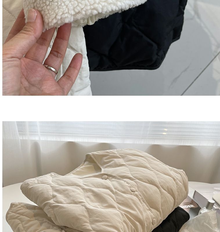 Collarless lamb wool splicing light and thin winter Korean version loose small fragrant dia plaid warm cotton jacket_voghion.com