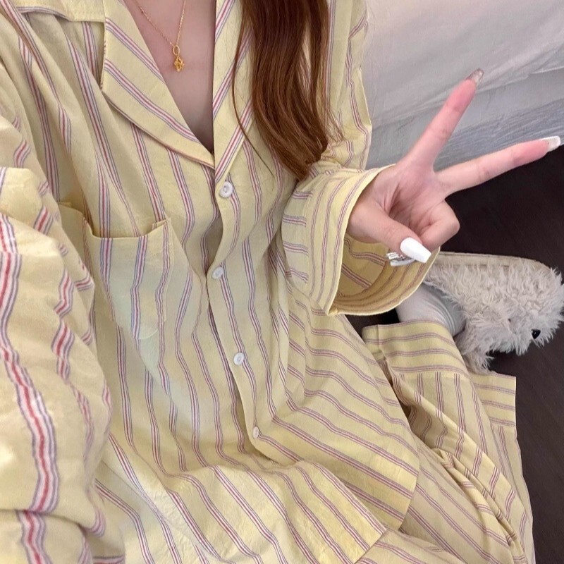 Cream Striped Spring and Autumn Trendy Simple Striped Pajamas for Women, Long-Sleeve, Long-Pants, Thin Color-Blocking Loungewear Set Cream Striped Spring and Autumn Trendy Simple Striped Pajamas for Women, Long-Sleeve, Long-Pants, Thin Color-Blocking Loungewear Set