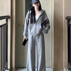 秋冬季休闲运动套装女2025新款慵懒风宽松连帽灰色卫衣阔腿两件套