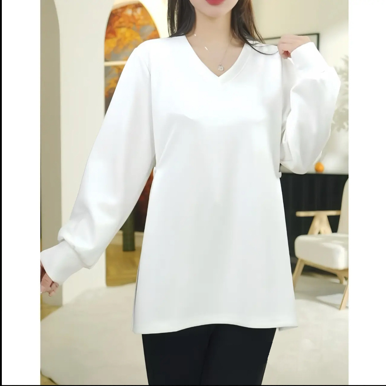 Maternity White T-Shirt Casual V-Neck Long-Sleeve Women's Spring and Autumn Plus-Size Mid-Length Tummy-Concealing Slimming Base Top
