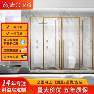 金康兴E型淋浴房简约金色钢化玻璃平开门卫生间浴室淋浴间