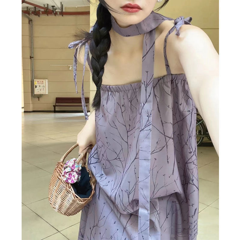 复古印花长裙紫色的连衣裙系鱼尾绑带抹胸吊带显白显气质冷色树枝