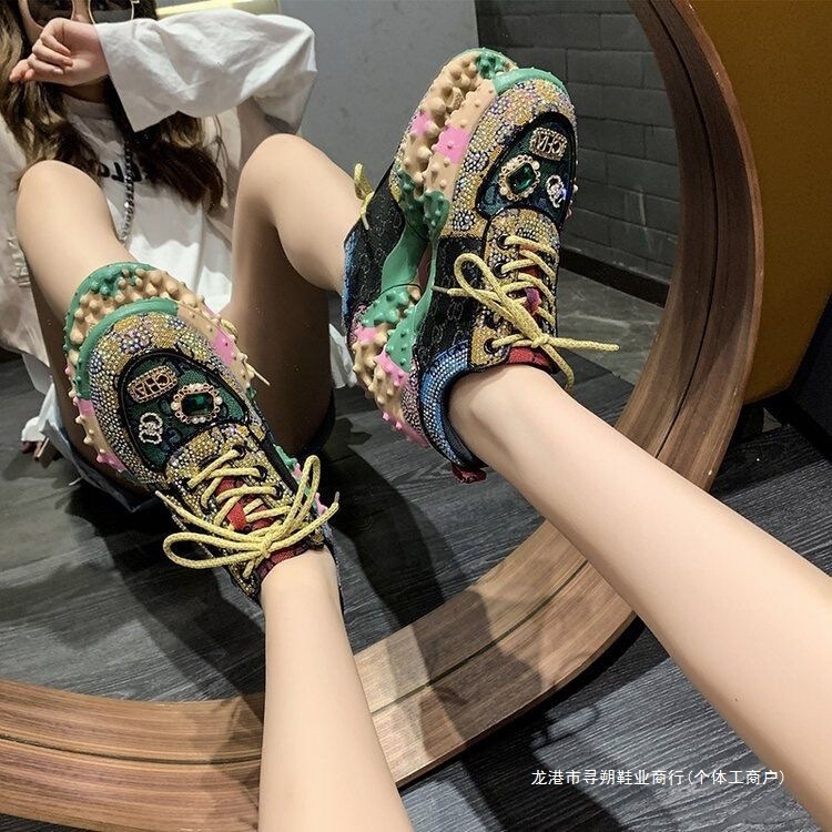 2022 Spring and Autumn New Thick-Soled Low-Top Casual Sneakers Versatile Durian-Sole Dad Shoes with Rhinestone Color Block Design for Women 2022 Spring and Autumn New Thick-Soled Low-Top Casual Sneakers Versatile Durian-Sole Dad Shoes with Rhinestone Color Block Design for Women