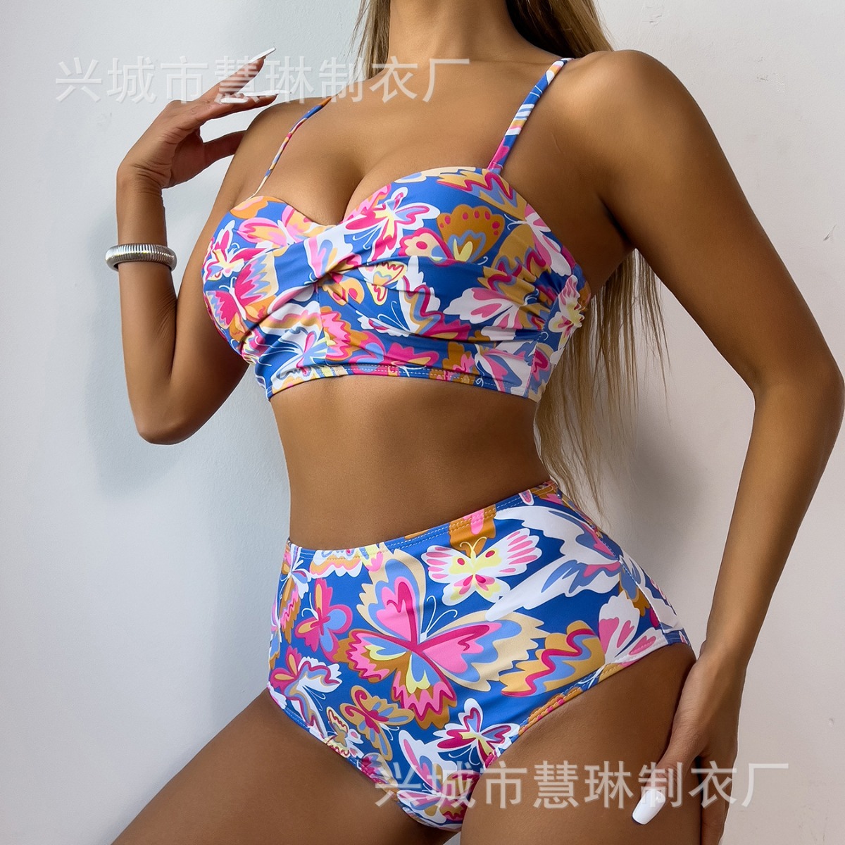 2026 European and American Sexy Bikini with Floral Print, High-Waisted, Tummy-Covering, Cross-Border Amazon Bikini Swimsuit with Floral Pattern and Backless Design