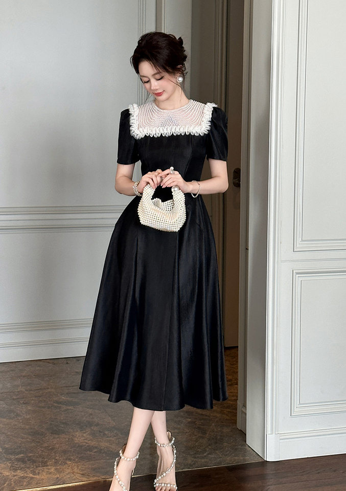 Váy maxi nữ thắt eo kiểu Hepburn thanh lịch, dáng xòe eo thon — Màu đen chi tiết 8