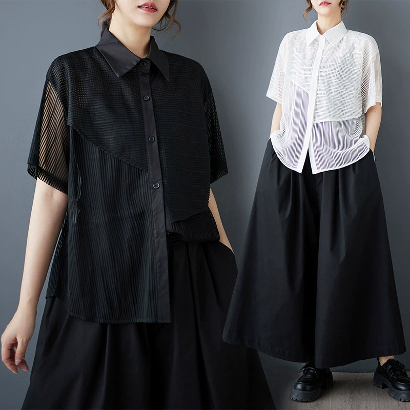 Настоящая летняя новая стильная свободная рубашка большого размера с сетчатой ​​вставкой, повседневная простая милая рубашка с короткими рукавами для поездок на работу