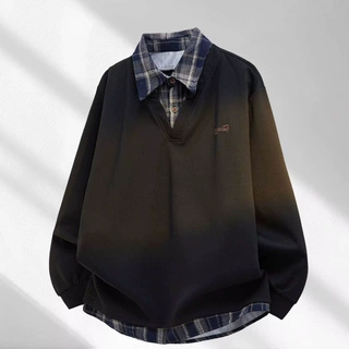 2025新款美式格纹polo衫卫衣男假两件拼接上衣服潮牌大码男装外套