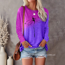 跨境欧美3D数码印花长袖上衣碎花黑白彩色创意时尚新款圆领女装