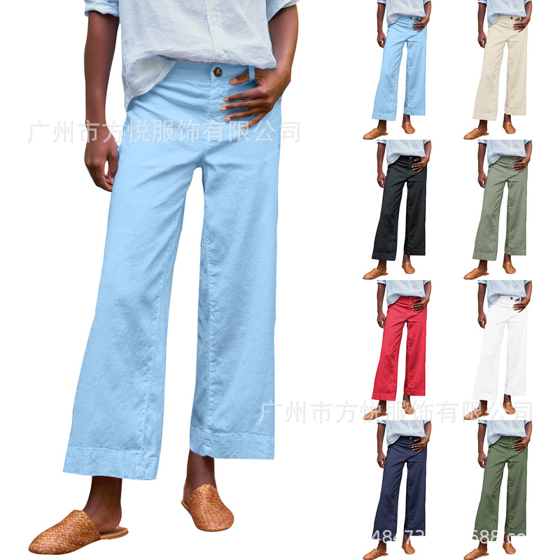 European and American Spring and Autumn Back Waist Stretch Nine Points Cotton and Linen Straight Micro Casual Wide Leg Pants Women's Comfortable Trousers