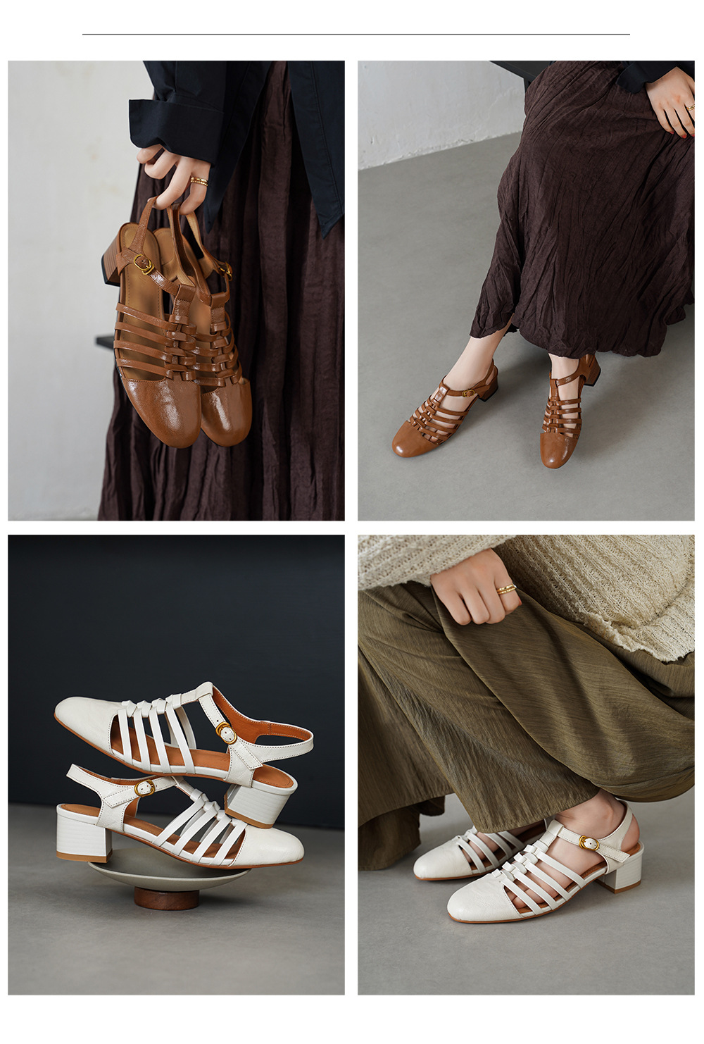 Sandal nữ cổ điển mũi nhọn quai T khóa, gót 5 cm, da cừu mềm — màu trắng ngà chi tiết 1