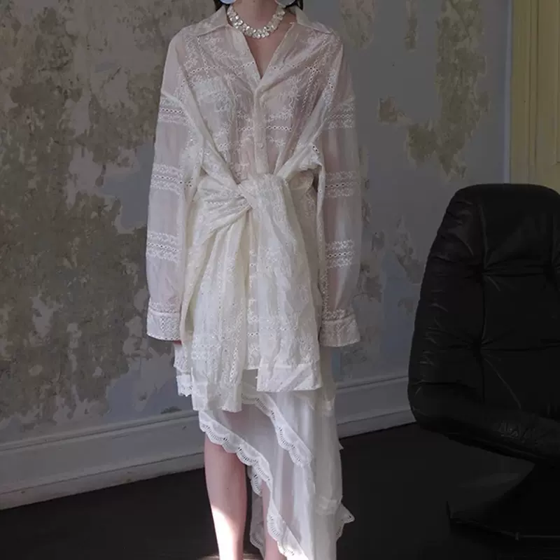 现货CARIE立设计原创绣花刺绣绑带镂空衬衫裙/斜裁蛋糕半身裙套装