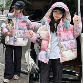 女童短款印花羽绒棉服2025新款冬季洋气加厚连帽女孩儿童棉袄外套