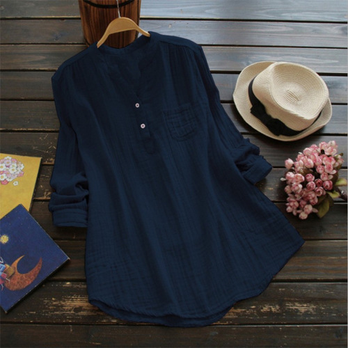 Stock large size cotton and linen long-sleeved shirt for women, European and American loose three-color foreign trade women's shirt