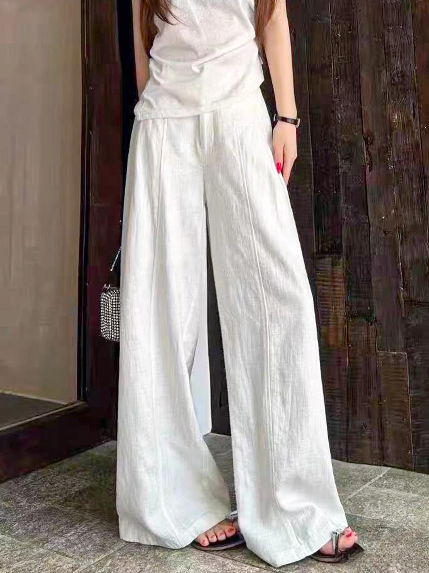 Quần culottes nữ ống rộng cạp cao vải linen phối tơ — Xanh sẫm