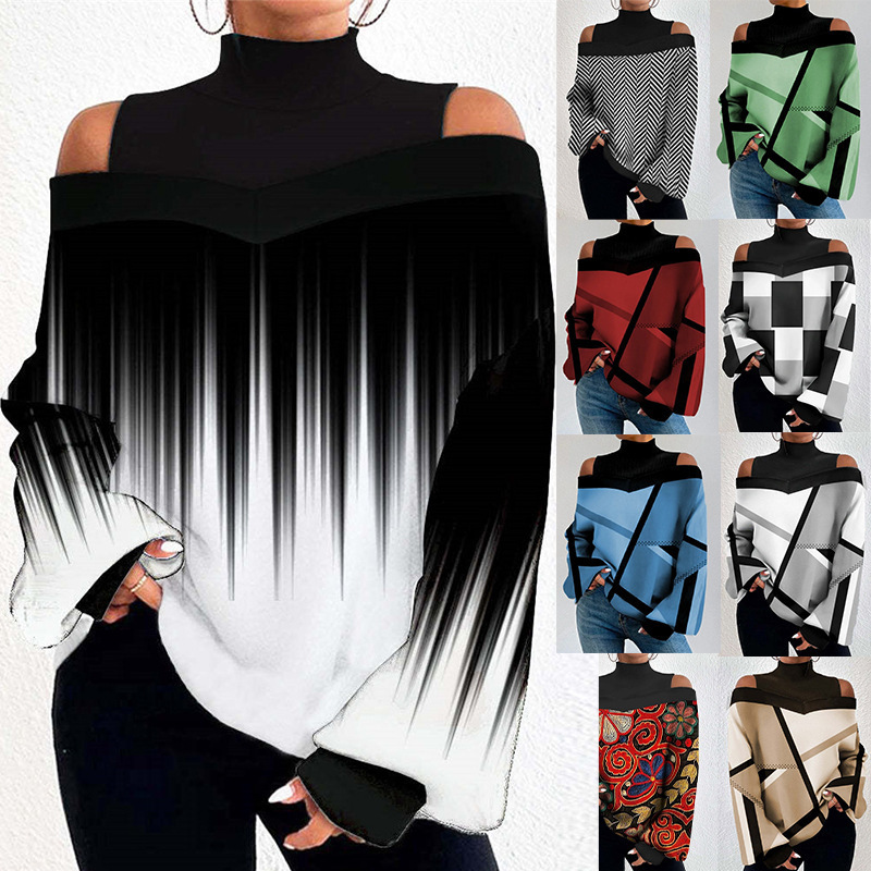 Cross-Border Exclusive 2023 Shopify Spring Women's Clothing with Off-Shoulder Design and Lantern Sleeve Printed Top