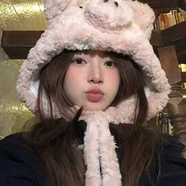 秋冬季卡通护耳帽脏脏鼠小猪小狗毛绒帽带耳朵帽批发清新甜美风