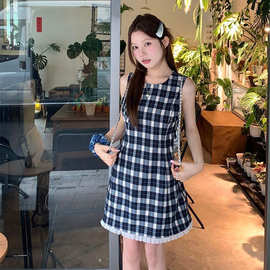 甜酷风花边拼接格子背心连衣裙女夏季新款设计感时尚显瘦小众短裙