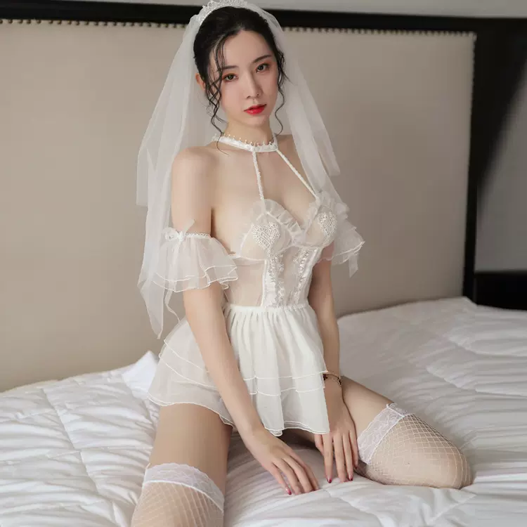 曼悦情趣内衣女大码挑逗蕾丝诱惑婚纱新娘装性感露乳网纱透视睡裙