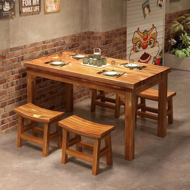 Solid Wood Dining Table and Chairs, Chinese-Style Carbonized Hot Pot Barbecue Rectangular Wooden Dining Table, Restaurant Snack Shop Noodle Shop Dining Table