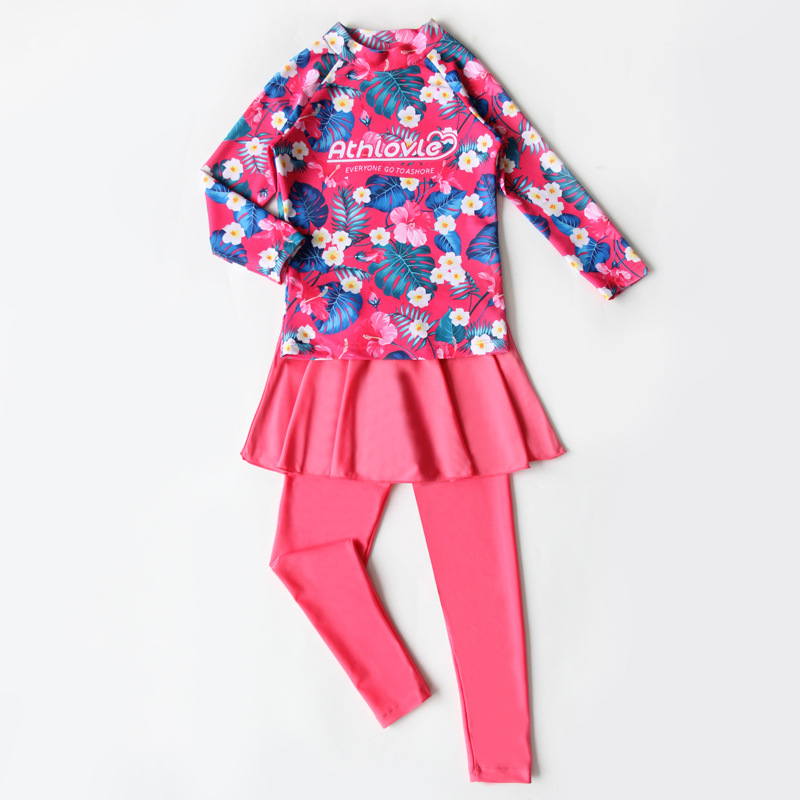 Children's Long Sleeve Swimsuit Girl's Split Skirt Style Long Clothes Trousers Girls' Big Children's Swimsuit Baby's Sun Protection Swimsuit
