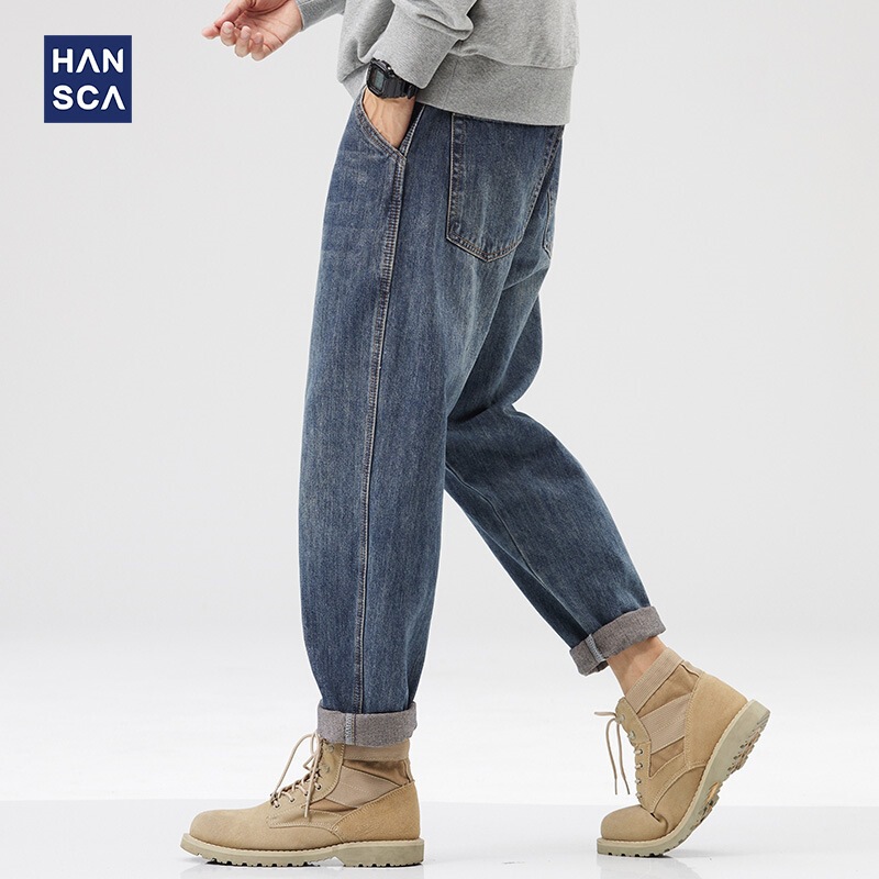 Hansca Dark Blue Tapered Jeans Trendy Retro 2026 Autumn and Winter American Style Loose Straight Large Size Pants