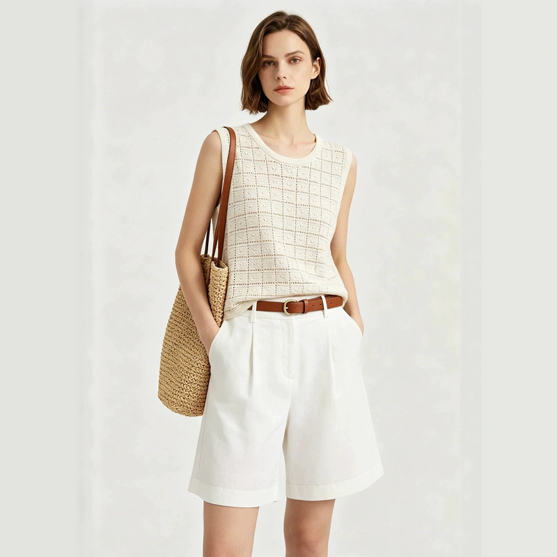 Lp Same Style Linen Cotton Exquisite Square Grid Hollow-Out Sleeveless Knit Top Women's Summer New Round Neck Single-Wear Vest