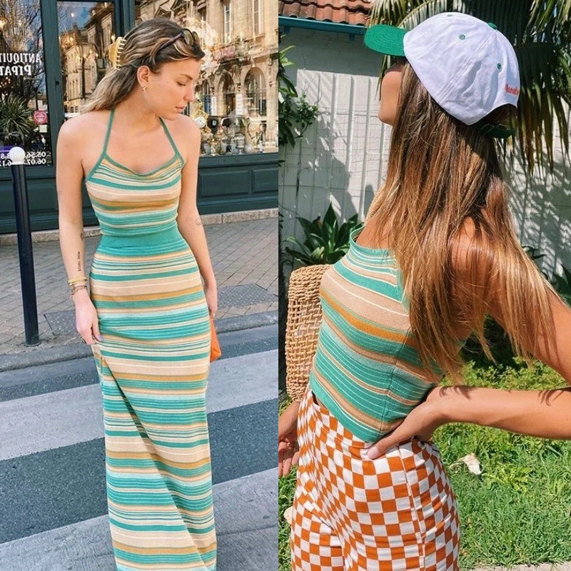 Zweiteiliges Set europäischer und amerikanischer Damenmode: Strickrock mit Schlitz, sexy, lang, Neckholder und gestreiftem Oberteil SU2451_voghion.com