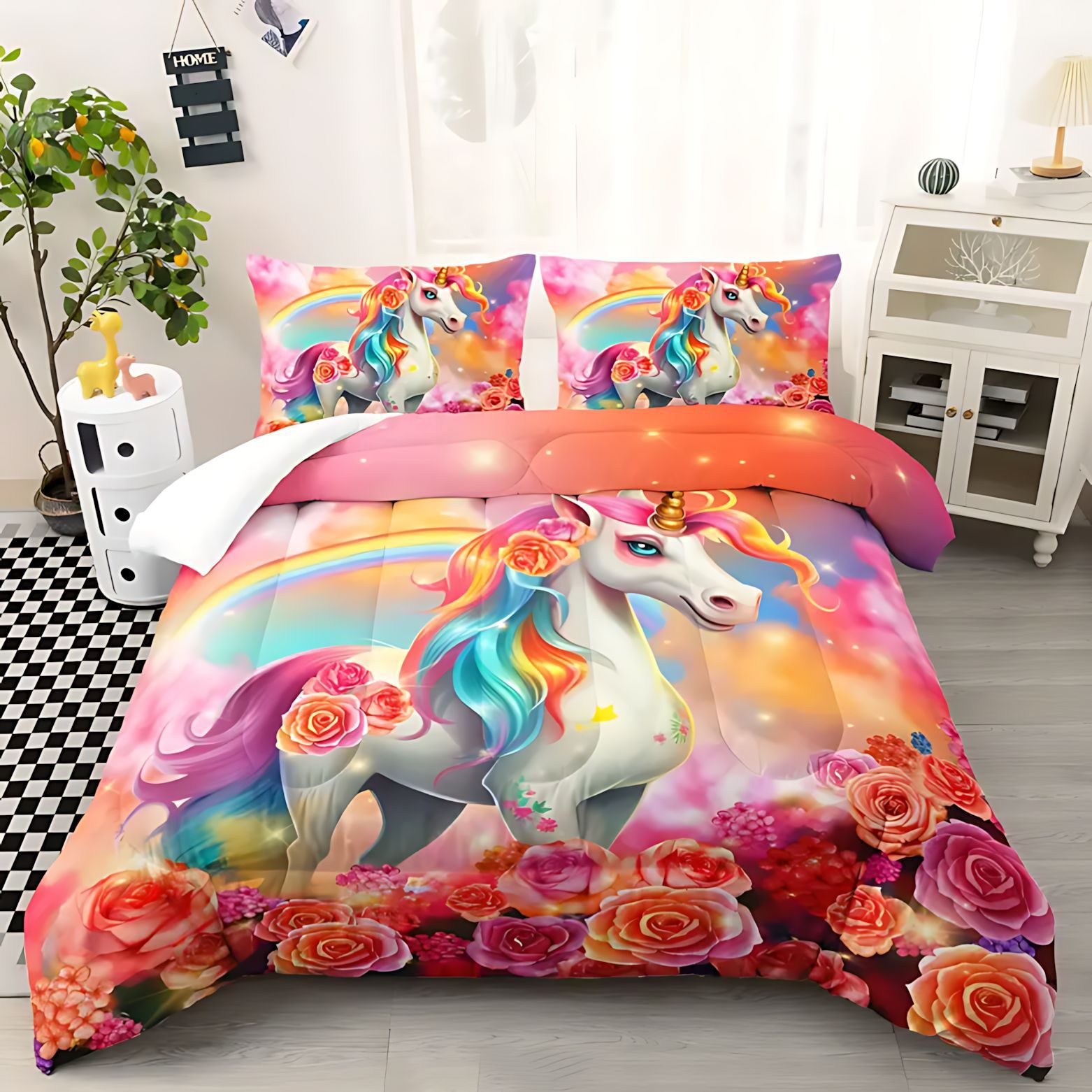 TEMU / JIT Unicornio de dibujos animados para niños impresión digital 3D 180gms colcha colchón conjunto de dibujos pueden hacer
