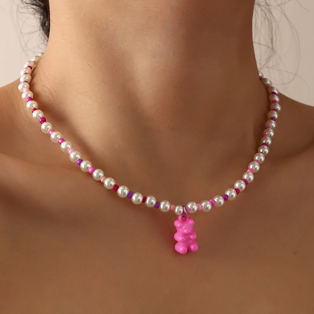 new macaron color jelly bear necklace personality trendy color rice bead pearl stitching clavicle ch