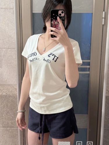 【220g 40 pcs pure cotton】letter embroidery V-neck short-sleeve t-shirt women slim fit short top white
