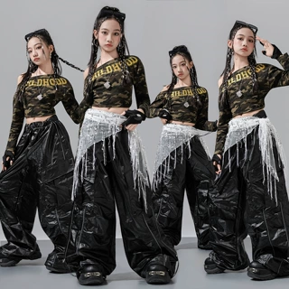儿童街舞演出服hiphop嘻哈潮酷迷彩斜肩长袖套装女童爵士舞潮服装