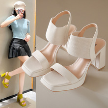 涼鞋女2023夏季新款韓版一字型粗跟方頭魚嘴涼鞋時裝松緊性感女鞋