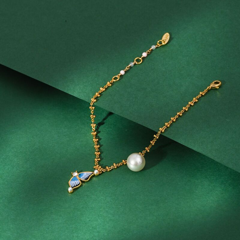 Original New Chinese Style Jewelry Enamel Glaze Blue Butterfly Pearl Tassel Pendant Bracelet Exquisite Trendy Gift
