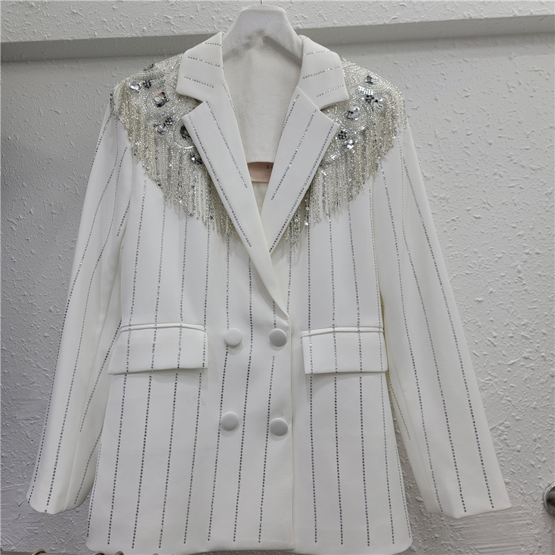 Saco de Vestir Blanco con Flecos y Pedrería de Algodón y Poliéster para Primavera