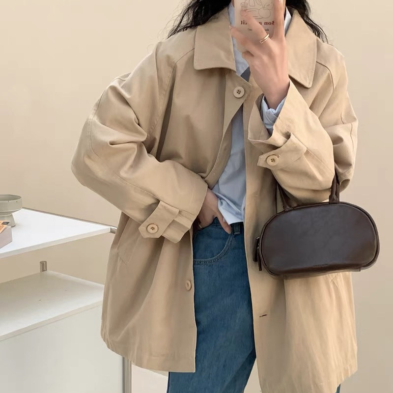 韩版粉色风衣外套小个子中长款春秋翻领设计休闲新款工装洋气上衣|undefined