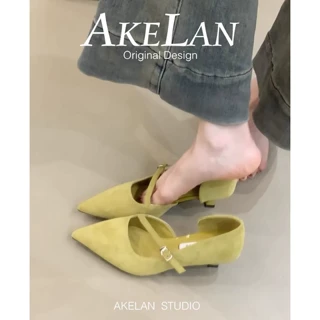 羊皮版~法式气质尖头玛丽珍单鞋女春一字扣带通勤细跟侧空高跟鞋
