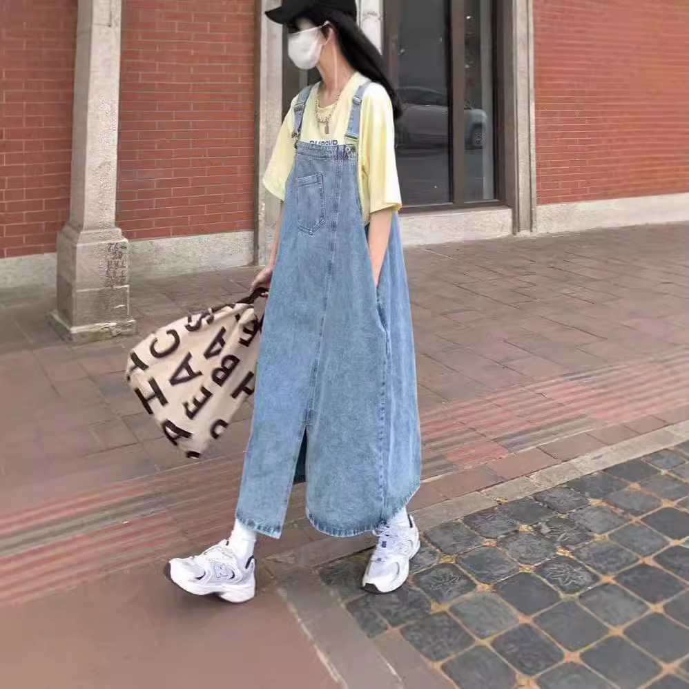 复古宽松牛仔背带裙女2025春秋季新款韩版不规则开叉中长款连衣裙